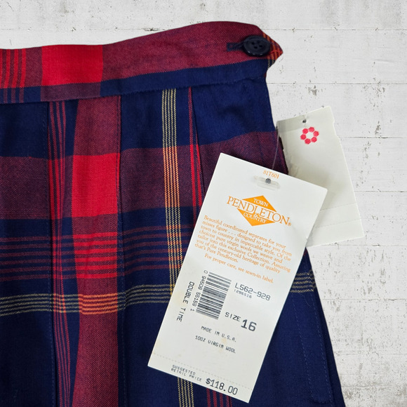 Vintage 70s Pendleton Red Blue Tartan Plaid Wool Midi Pleated Skirt Size 16 NWT - Picture 4 of 8
